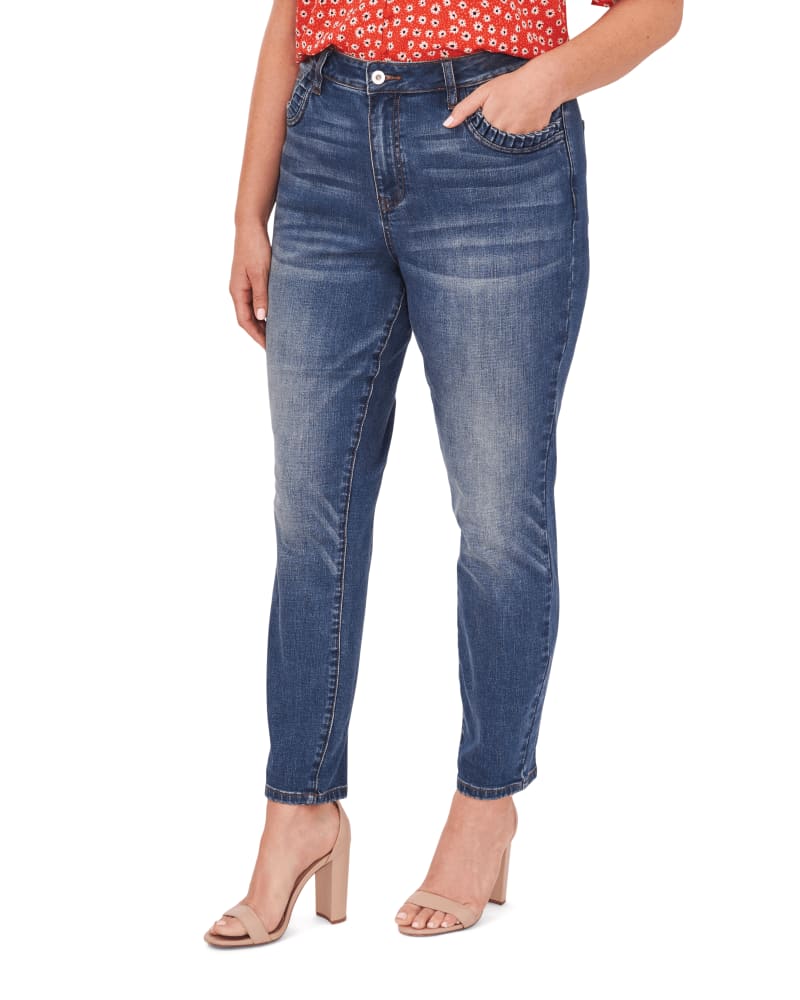 Front of a model wearing a size 12 Kimberly Ruffled Straight-Leg Jeans in 464-TRUE BLUE by CeCe. | dia_product_style_image_id:263962